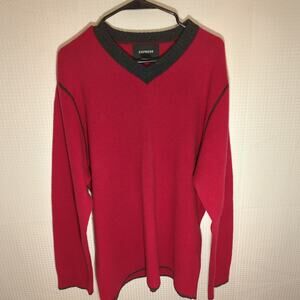 Express XL Lambswool Sweater Red Black V Neck Pullover Ribbed Trim Thailand